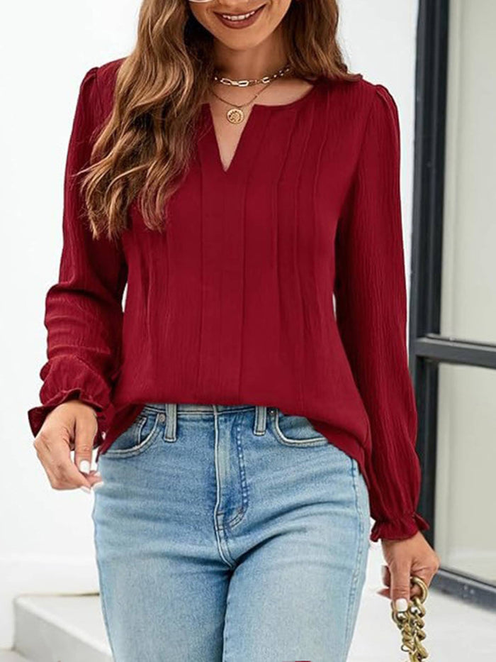 Long Sleeved Striped Chiffon V-Neck Top in Red
