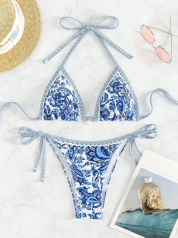 Bohemian Print Lace-Up Sexy Bikini Split Swimsuit Set