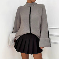 Pile Sleeve Casual High Neck Knit Sweater in GREY