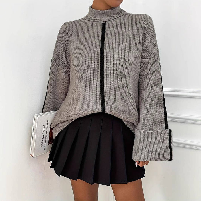 Pile Sleeve Casual High Neck Knit Sweater in GREY