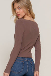 Long Sleeve Boat Neck Top in Brown