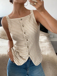 Striped Button Front Sleeveless Tank Top with Slit Hem