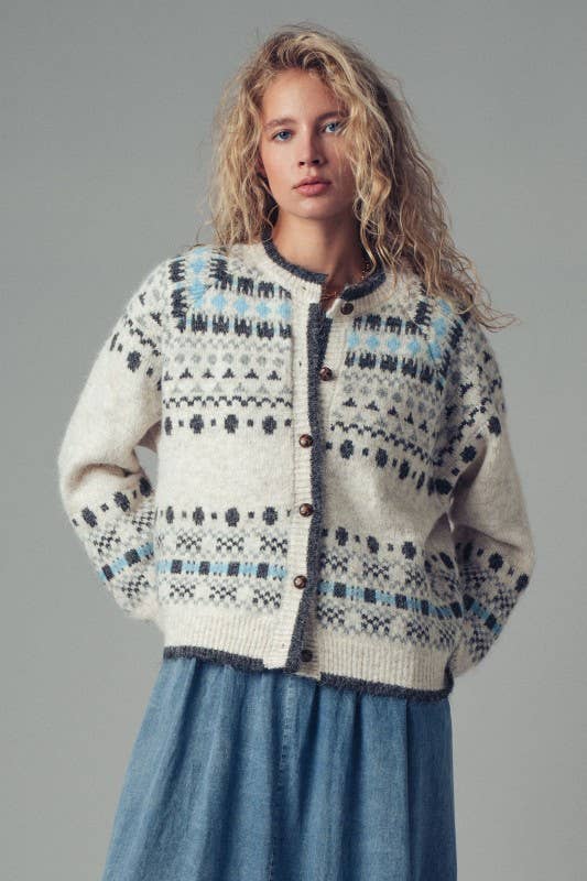 ** Nordic Pattern Button-Up Knit Cardigan in Ivory S/M-3:M/L-3