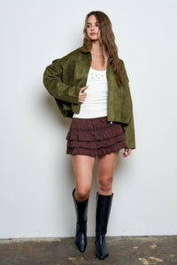SUEDE EPAULET COLLARED ZIP-UP CROPPED JACKET : OLIVE