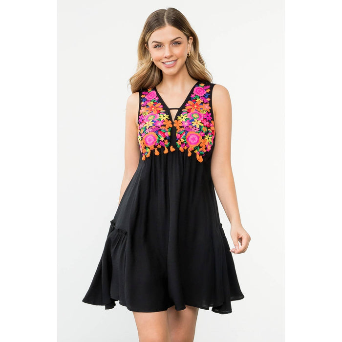 Sleeveless Dress With Floral Embroidery in Black