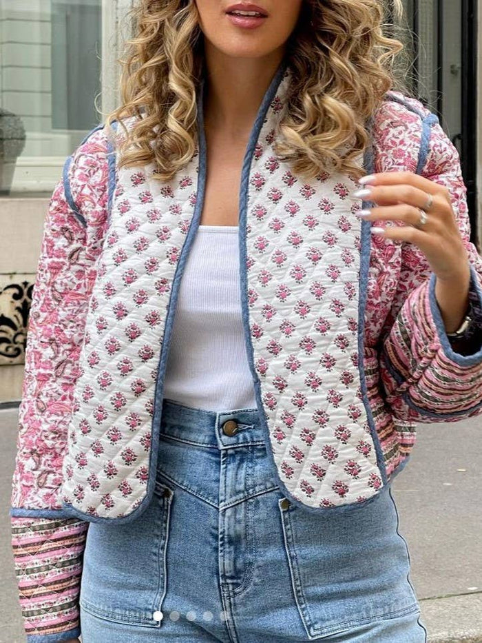 Reversible Floral Quilted Jacket in Blue and Pink