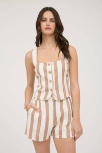Stripe Button Down Sleeveless Linen Top in Navy