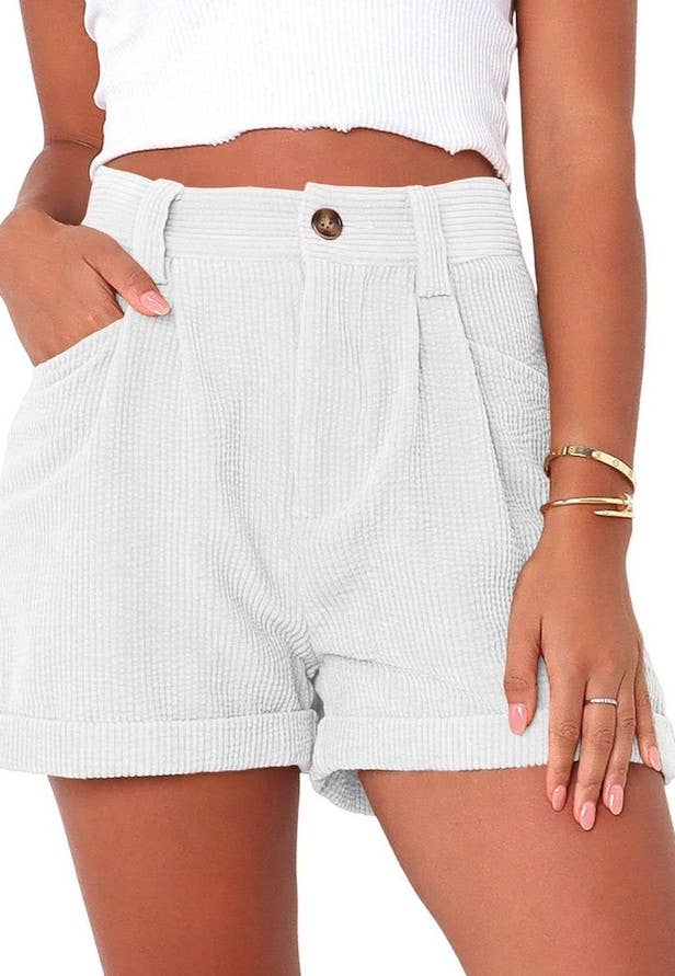 High-Waisted Corduroy Shorts in White