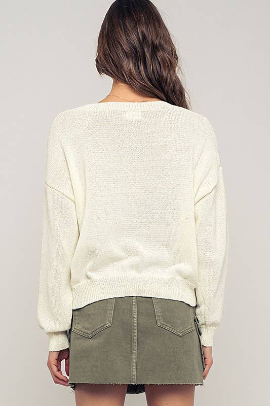 Beach Embroidered Crochet Knit Sweater in Ivory