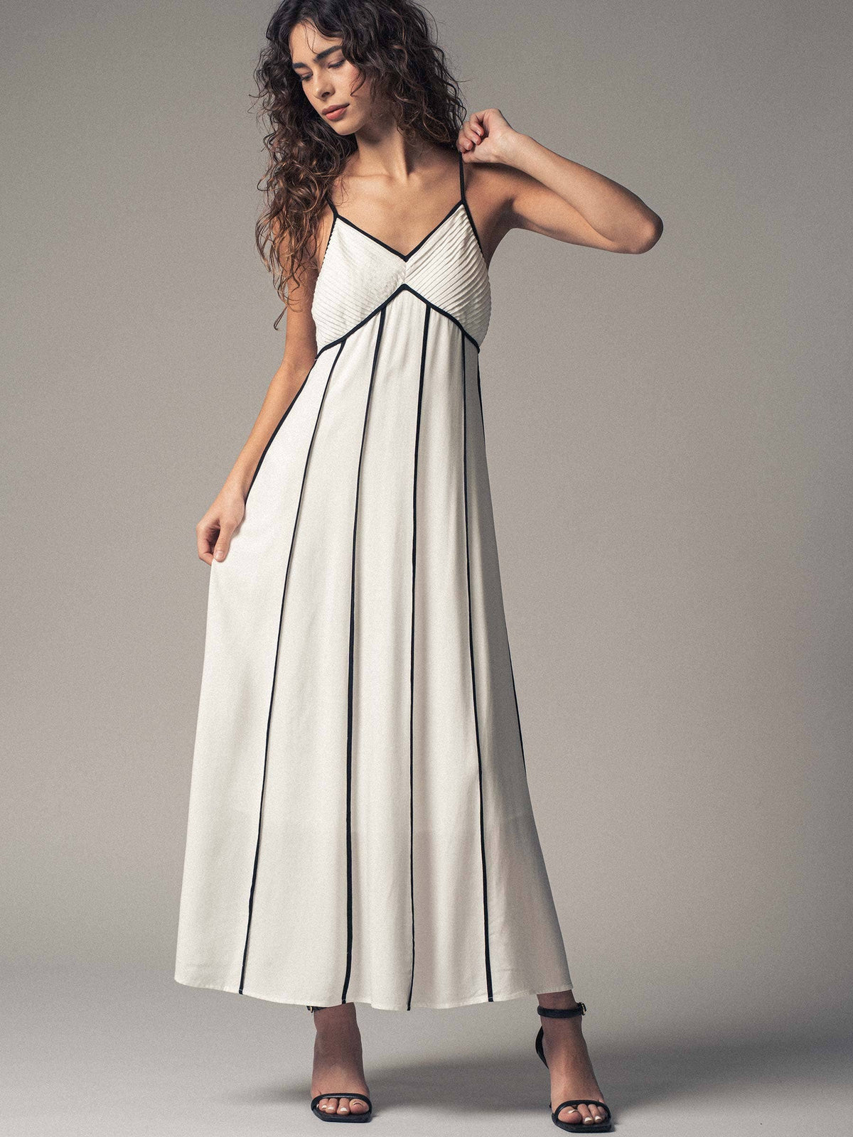 Striped White Maxi Dress with Contrast Piping in White/Black