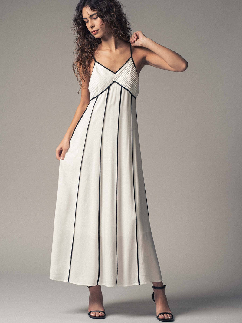 Striped White Maxi Dress with Contrast Piping in White/Black