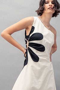Floral Applique One Shoulder Midi Dress in White