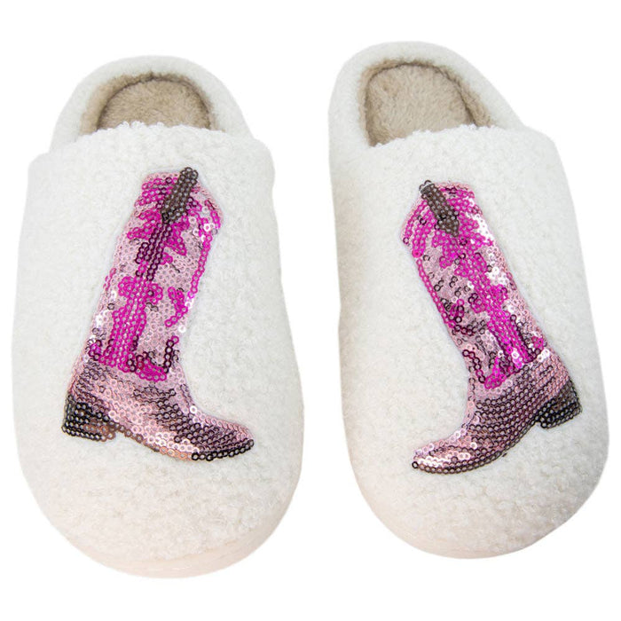 Pink Sequin Kicking Boots Slippers Shoes: White