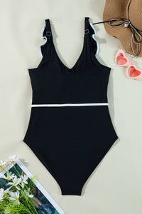 Black and White Ruffle Wrap Swimsuit