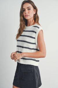 Crew Neck Striped Knit Tank Top in Ivory and Green