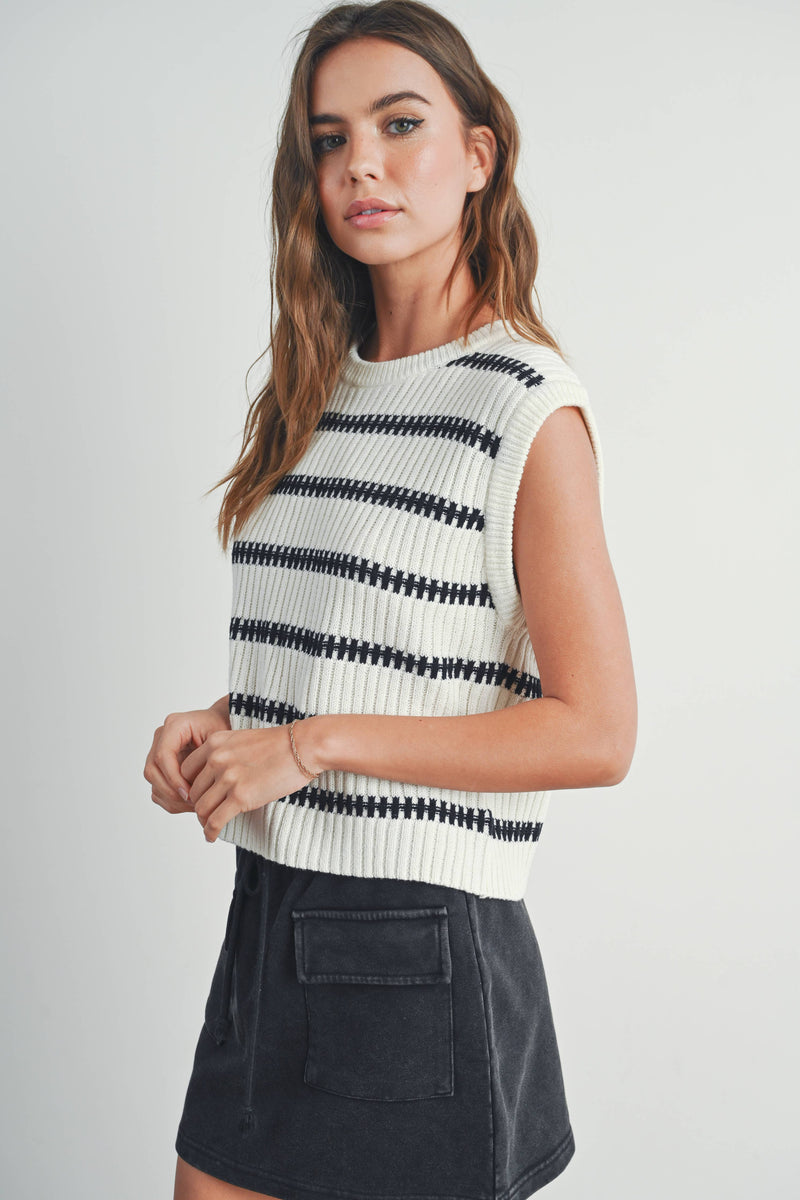 Crew Neck Striped Knit Tank Top in Ivory and Green