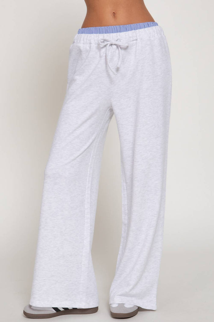 Elastic Waist Long Pants with Contrasting Checkered Panel