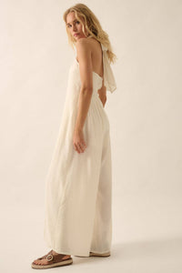 Wide-Leg Convertible Halter Jumpsuit in Natural Color