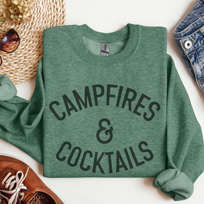 Campfires and Cocktails Crewneck Sweatshirt in Heather Green