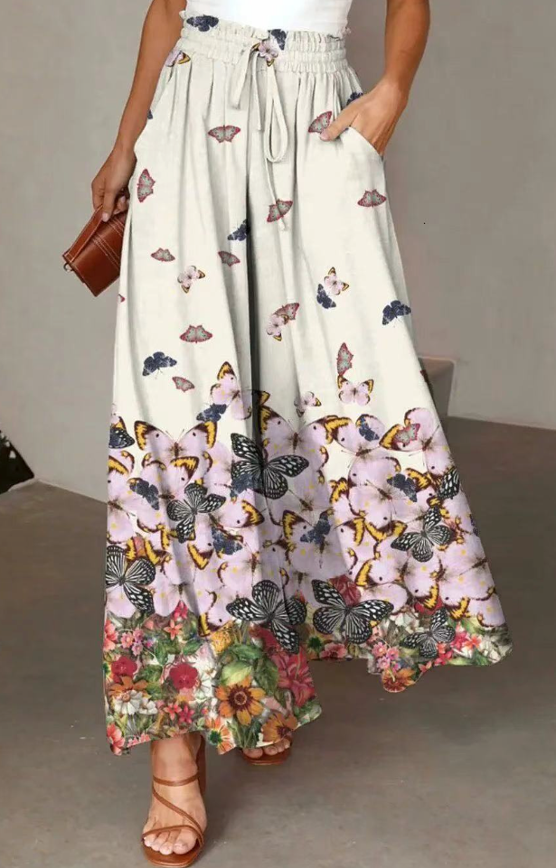 Wide Leg Pants with Drawstring Waist in White Butterfly Pattern