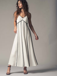 Striped White Maxi Dress with Contrast Piping in White/Black