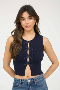 Cutout Bow Detail Ribbed Sweater Top in Dark Olive