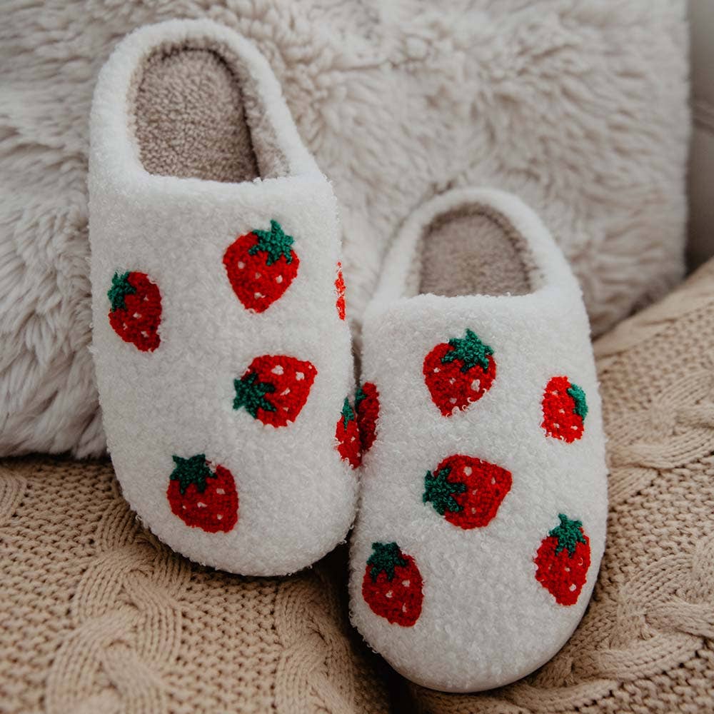 Strawberry Fuzzy Slippers for Women in White