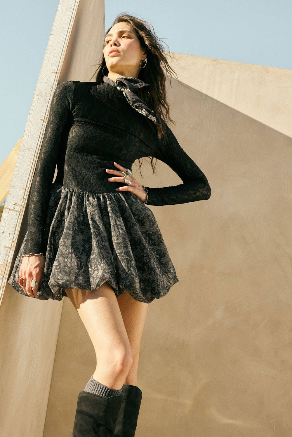 Sheer Lace Drop-Waist Bubble Mini Dress in Black