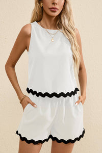 Ricrac Trim Tank Top Elastic Waist Shorts Set in White