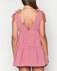 Gingham Bow-Strap V-Neck Ruffled Mini Dress in Red