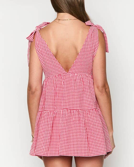 Gingham Bow-Strap V-Neck Ruffled Mini Dress in Red