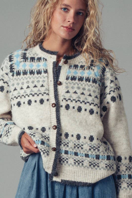 ** Nordic Pattern Button-Up Knit Cardigan in Ivory S/M-3:M/L-3