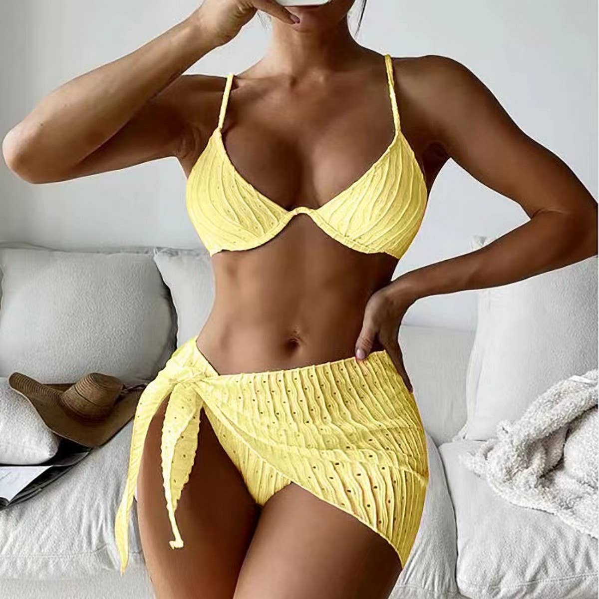 Yellow Sexy Backless Bikini Swimwear for Women 3 Piece Set