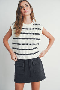 Crew Neck Striped Knit Tank Top in Ivory and Green