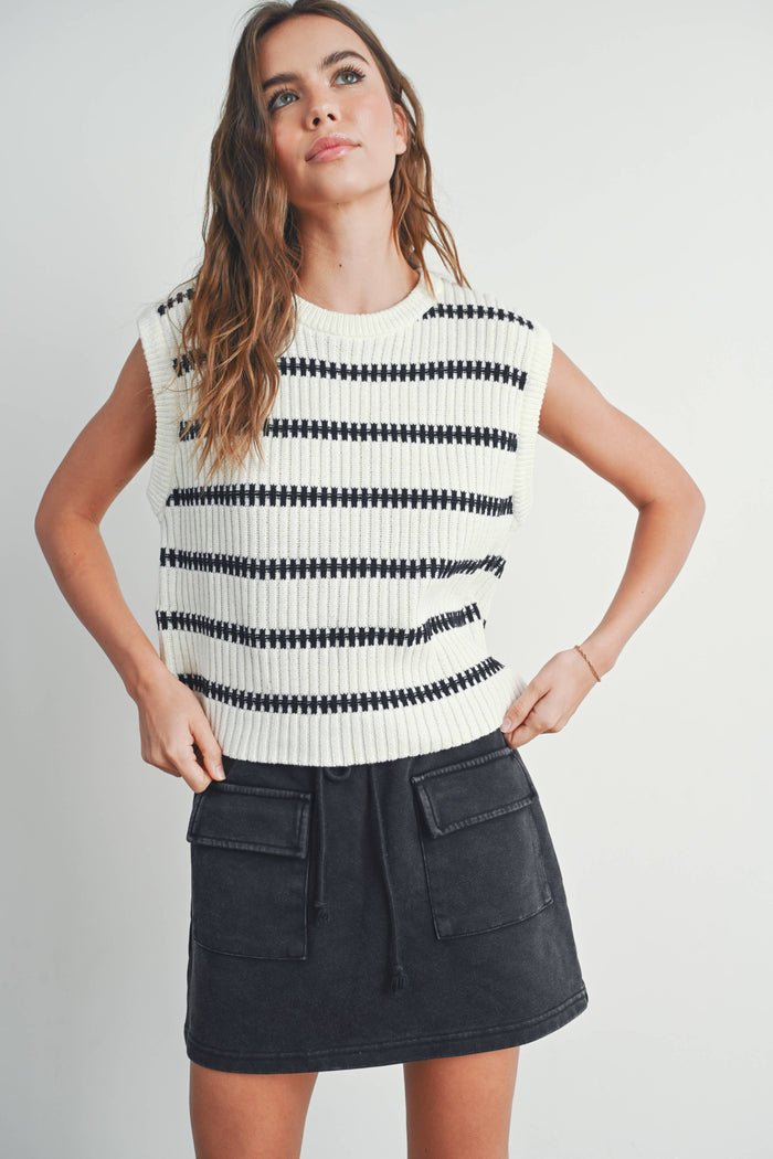 Crew Neck Striped Knit Tank Top in Ivory and Green