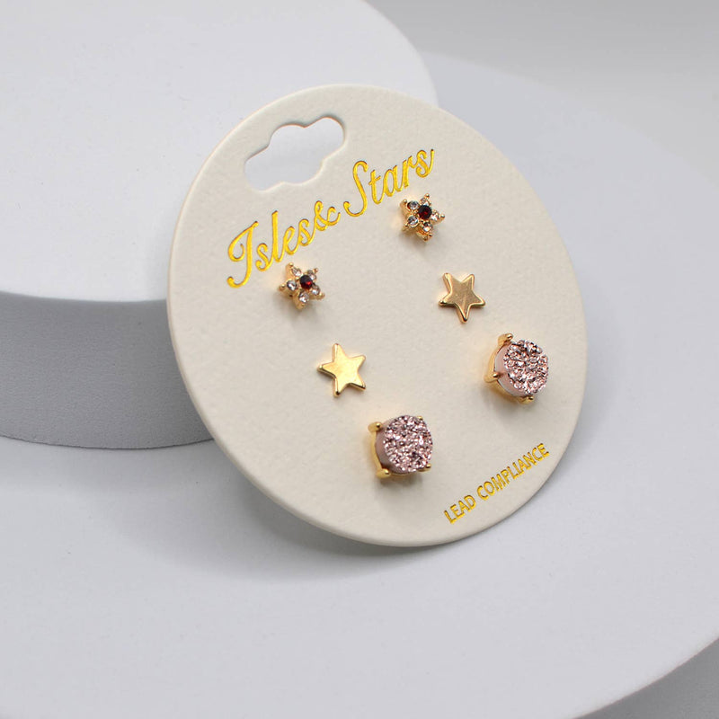 3 Pairs Small Stud Star with Stone/Metal Star/Druzy Earrings: Rose Gold
