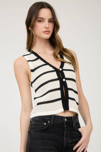 Stripe V-Neck Button Front Split Hem Knit Vest in White