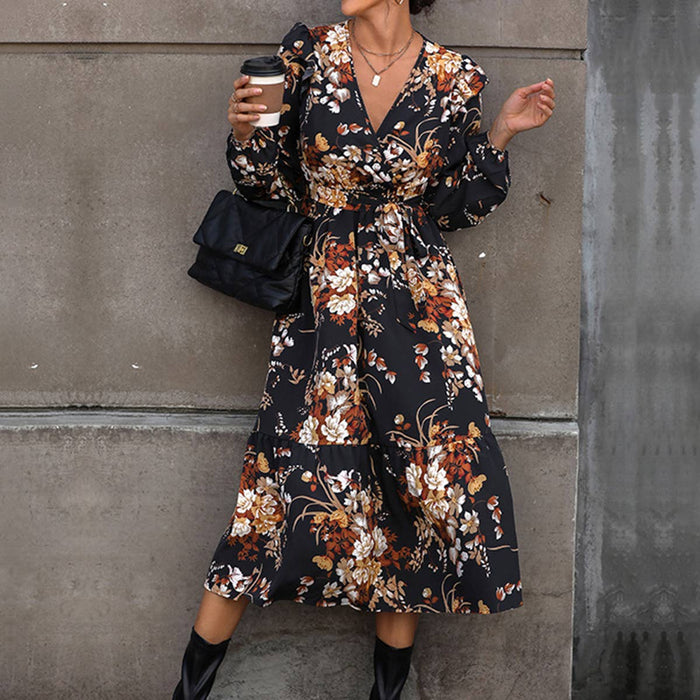 Floral Lace-Up Waist Mid-Length Dress in Black