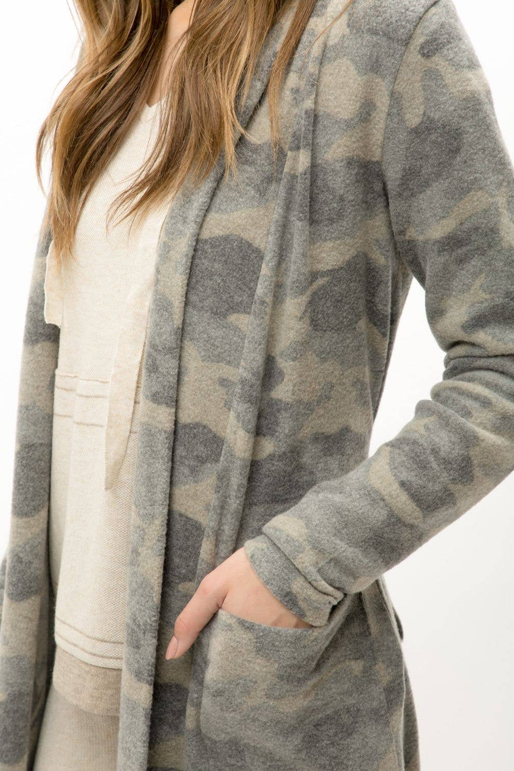 Tie-Waist Long Cardigan in Grey Camo