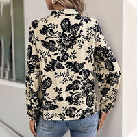 Vintage Printed Standing Collar Shirt in Navy Blue & White