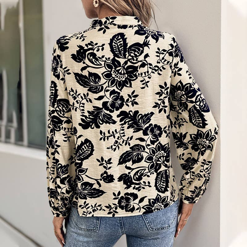 Vintage Printed Standing Collar Shirt in Navy Blue & White