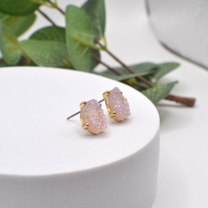 Druzy Sparkly Stone Crystals Stud Earrings: Rose Gold