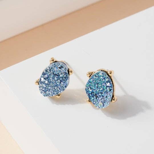 Druzy Sparkly Stone Crystals Stud Earrings: Rose Gold