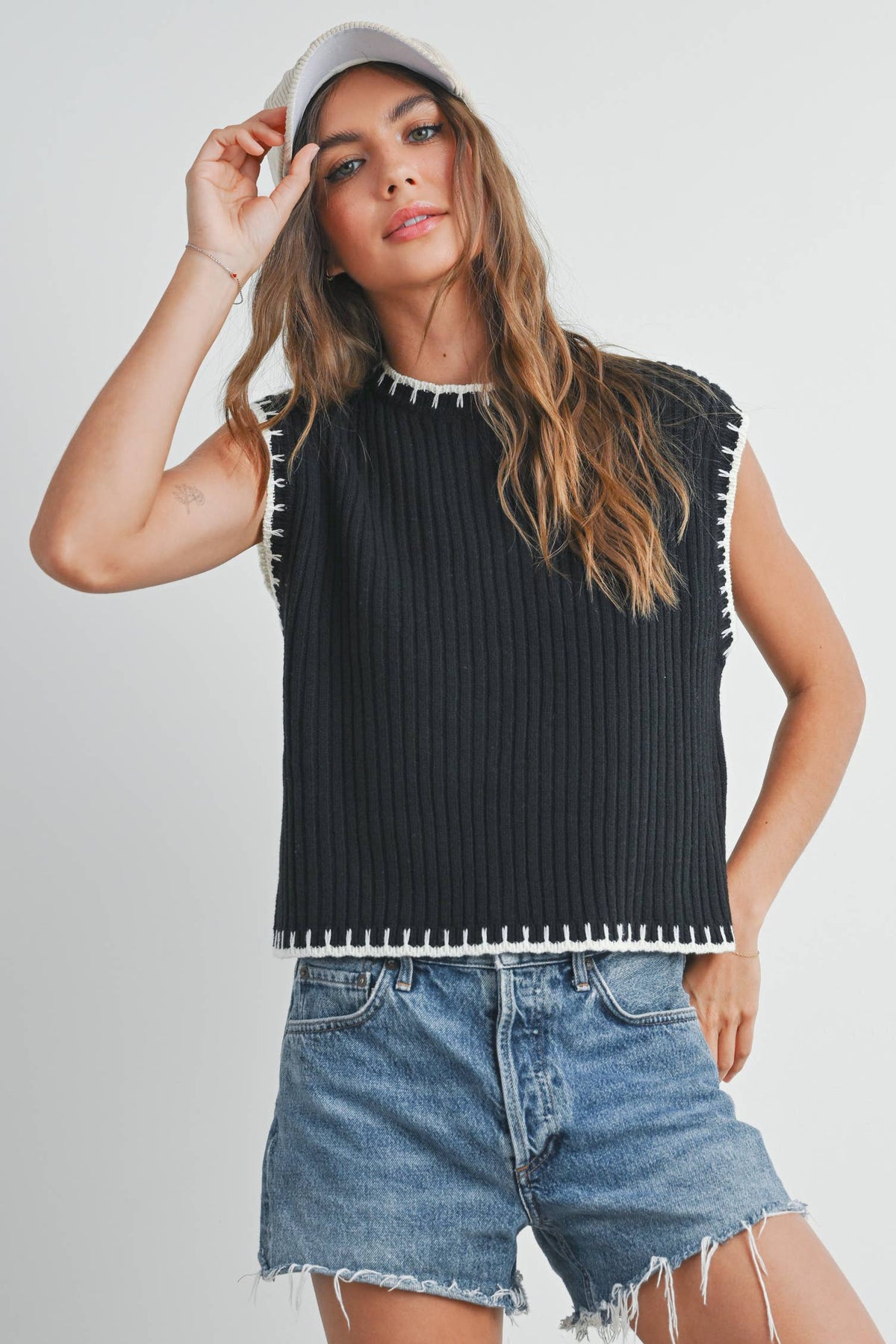 Solid Cap Sleeve Sweater Vest in Ivory and Black