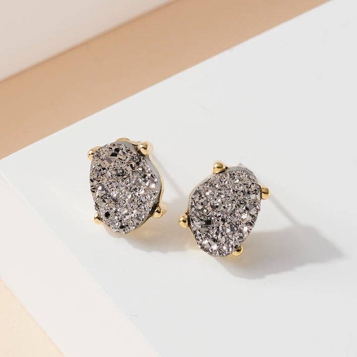 Druzy Sparkly Stone Crystals Stud Earrings: Rose Gold