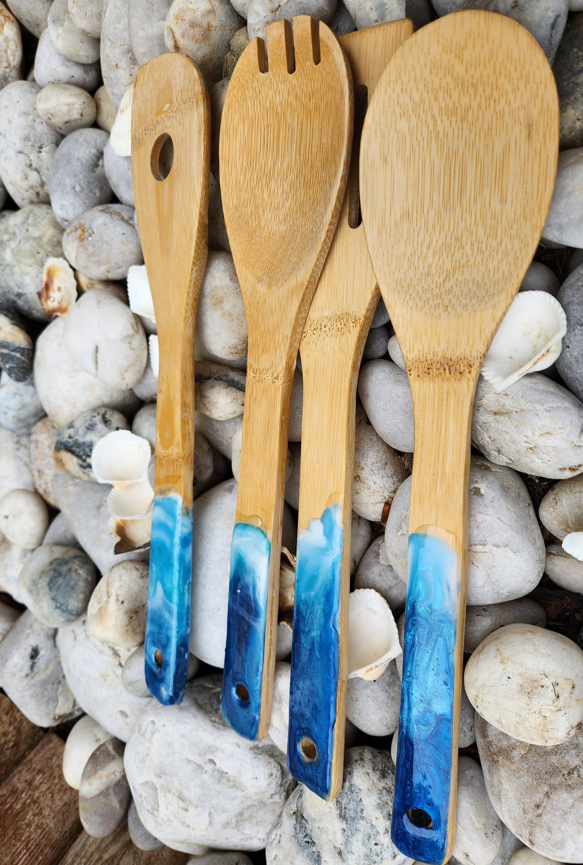 Wooden Serving Utensils with Ocean-themed resin design: Bamboo / navy / ocean theme