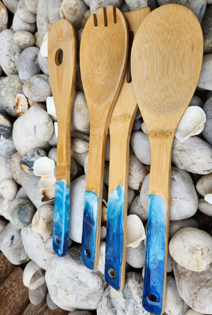 Wooden Serving Utensils with Ocean-themed resin design: Bamboo / navy / ocean theme