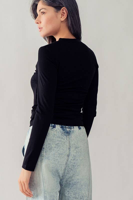 Solid Knit Casual Long Sleeve Top in Black