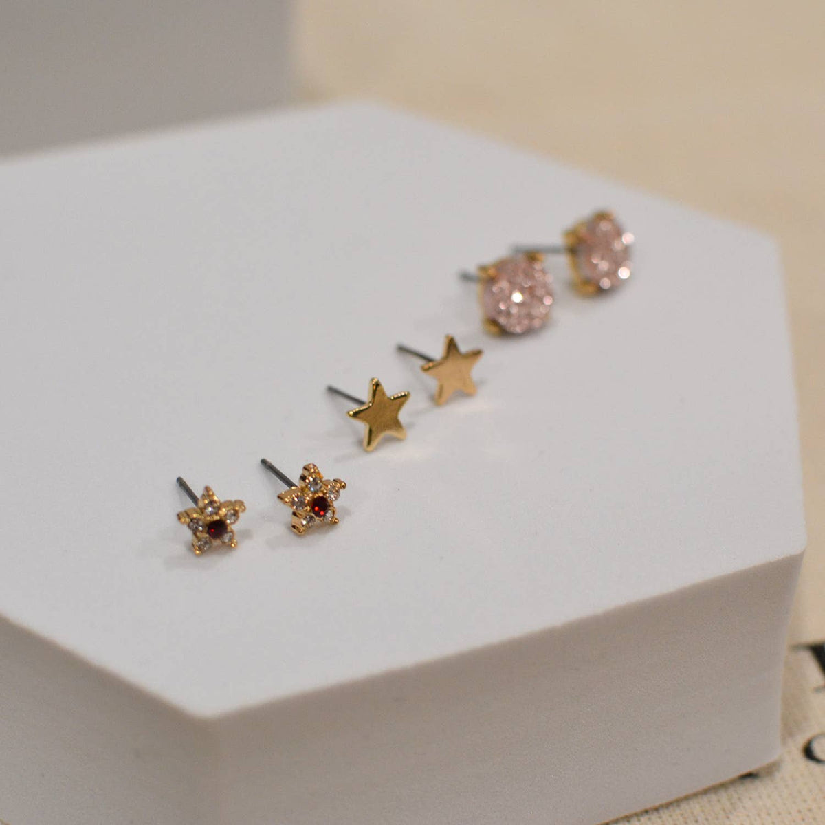 3 Pairs Small Stud Star with Stone/Metal Star/Druzy Earrings: Rose Gold