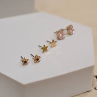 3 Pairs Small Stud Star with Stone/Metal Star/Druzy Earrings: Rose Gold
